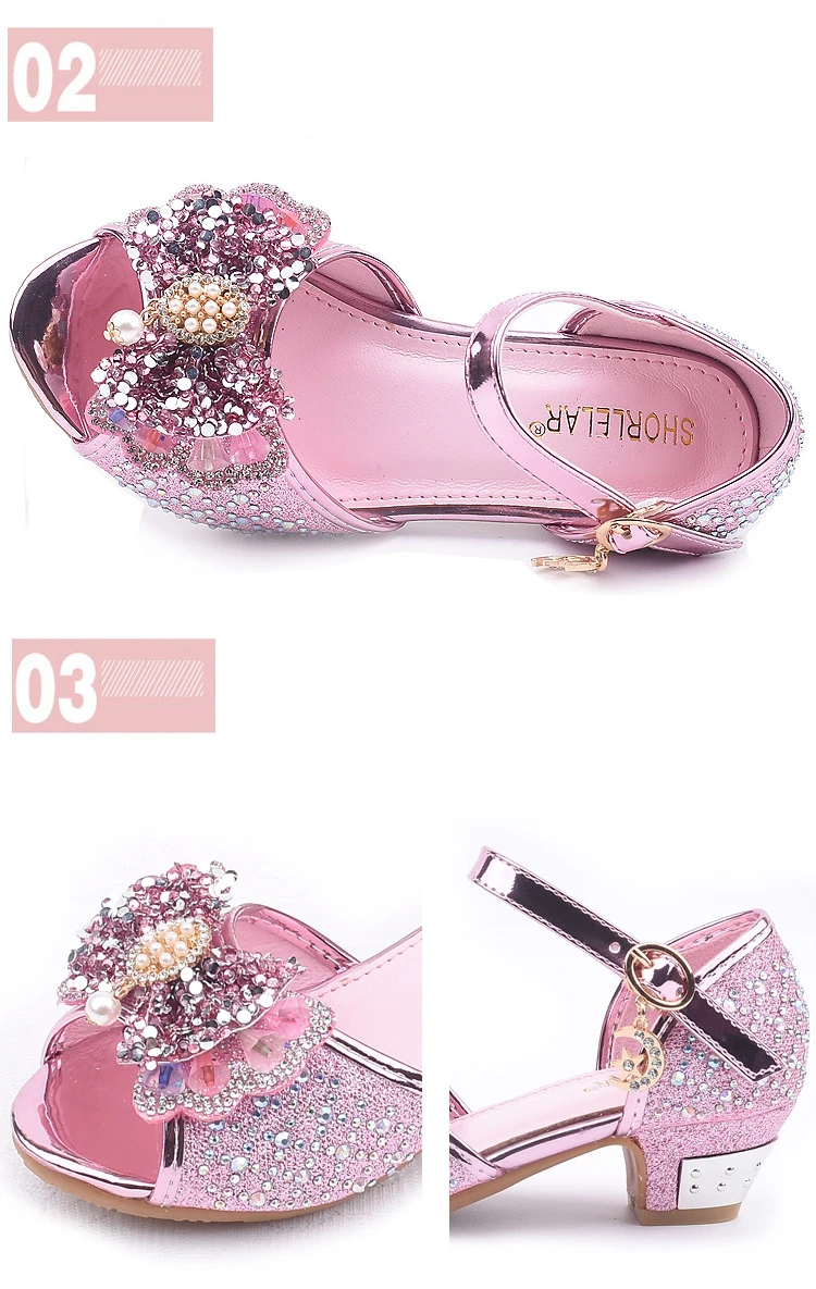 2019 г. Новые сандалии принцессы для девочек летние детские модные блестящие стразы на высоком каблуке детские сандалии с бантом обувь для