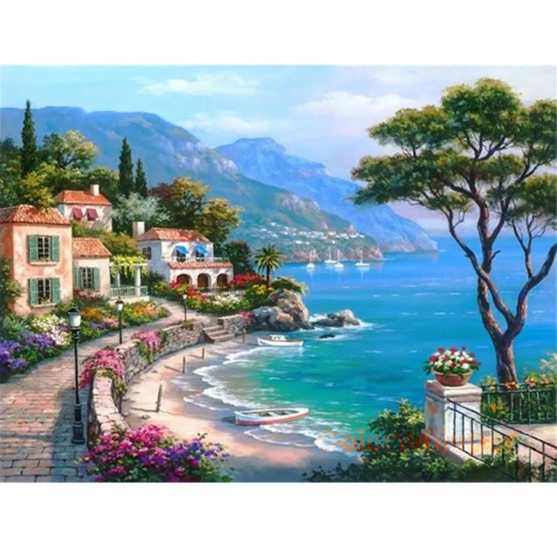 

Diamond Painting Full Square Drill Seaside Mountain Town Daimond Painting Rhinestone Embroidery Cross Stitch Crystal LE00260