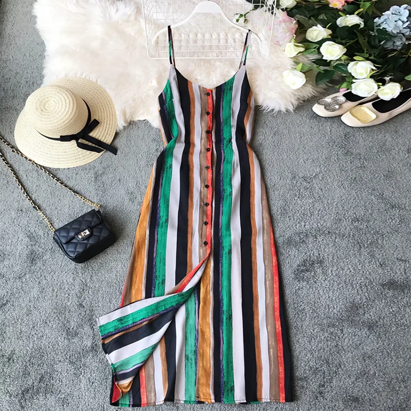 

Women Summer Long Dress Contrast Color Striped Maxi Dress V Neck Spaghetti Strap Open Back Ruffle Holiday Beach Dress Sundress