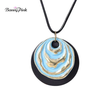 

Banny Pink Vintage Round Alloy Wood Pendant Necklace For Women Chunky Double Dangle Necklace Black Rope long Adjustable Necklace