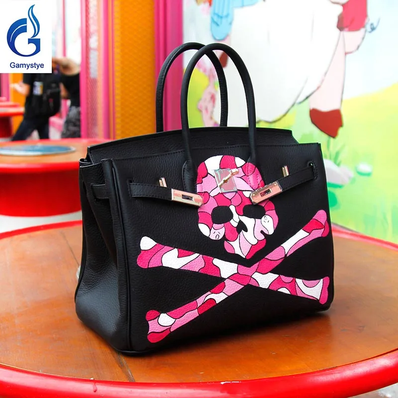 

40cm Women Luxury Genuine Leather Handbag Red Skull Shoulder Bag Real Cow Leather High Quality Lady Messenger Crossbody Bag
