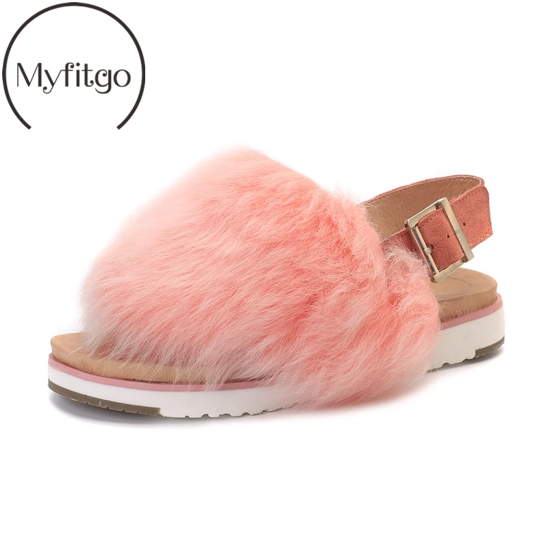 

Myfitgo Sweet Fashion Women Sandals Summer Casual Sheep Fur Flat Sandals Lady Slingback Furry Loafers Buckle Pink Casual Sandals