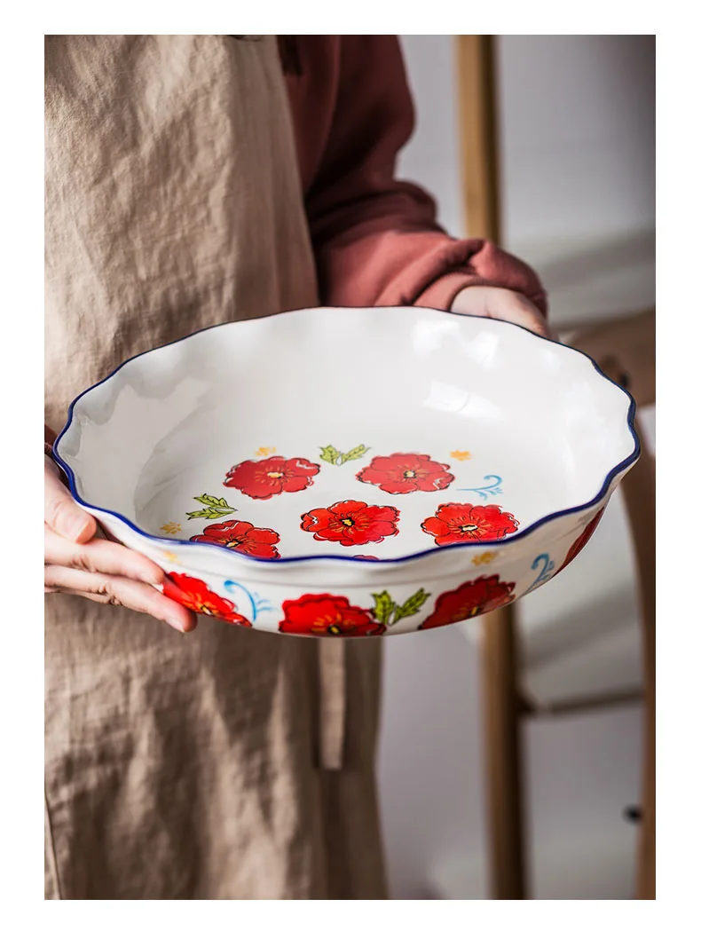 ANTOWALL керамическая посуда красный цветок рисовое блюдо форма для выпечки для духовки бытовой большой суповый горшок бинауральные вареные рыбные тарелки