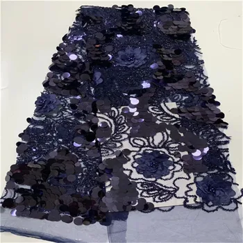 

Hot Sale 3D Flowers Lace Fabric African Black Beaded Lace Fabric With Sequins Nigerian French Tulle Lace Fabric