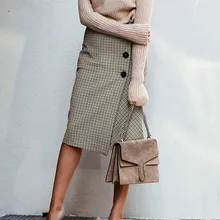 Винтажная Асимметричная клетчатая юбка Женская длинная юбка высокая посадка на пуговице пуховая юбка женская зимняя повседневная Уличная Асимметричная