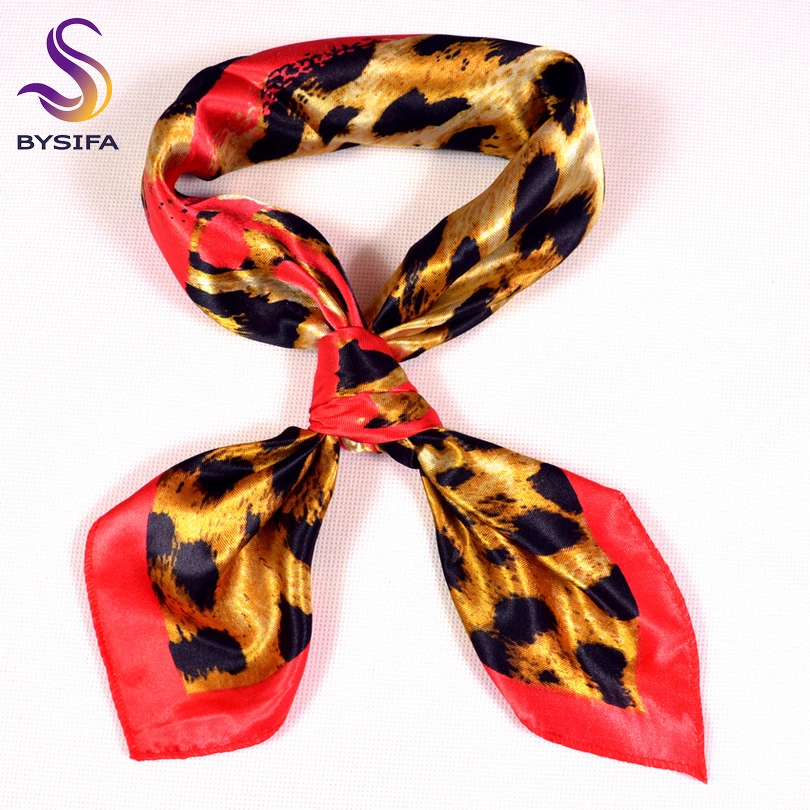

[BYSIFA] Women Scarves Fashion Accessories Satin Small Square Silk Scarf Hijab Luxury Heart Leopard Print Red Coffee Neck Scarf