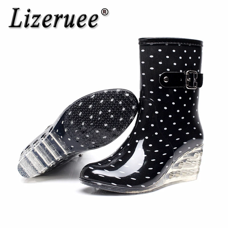 

Lizeruee 2019 Women Wedge Rain Boots Waterproof PVC Work Mid-Calf Rain Boots Flat Anti-slip Rubber Rainy Day Shoes Woman
