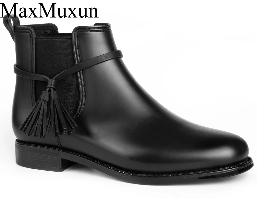 купить MaxMuxun ботинки на осень и зиму бренд Дизайн Ankle Rain boots
Эластичный ремешок обувь Ботинки Челси женские Водонепроницаемый Туфли
без каблуков Обзор