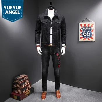 

Fashion Mens Denim Jacket Jeans 2pcs Set Casual Slim Fit Floral Embroidery Outfits Suits Cowboy Coat Pencil Pants Ensemble Homme