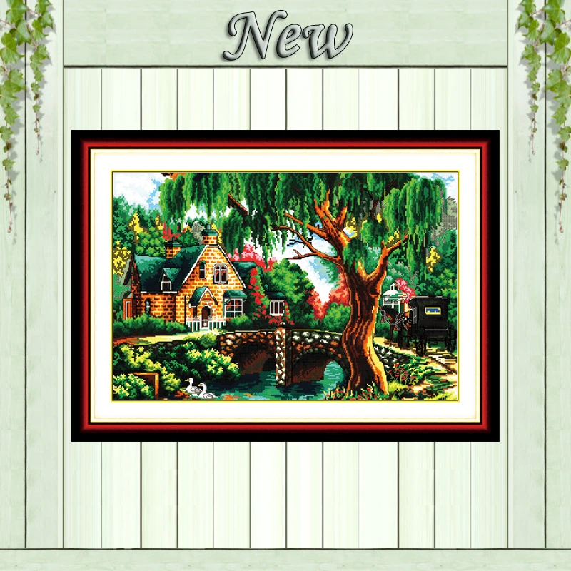 

In the woods river villa scenery painting Counted print on canvas DMC 14CT 11CT DIY Cross Stitch Needlework kits Embroidery Sets