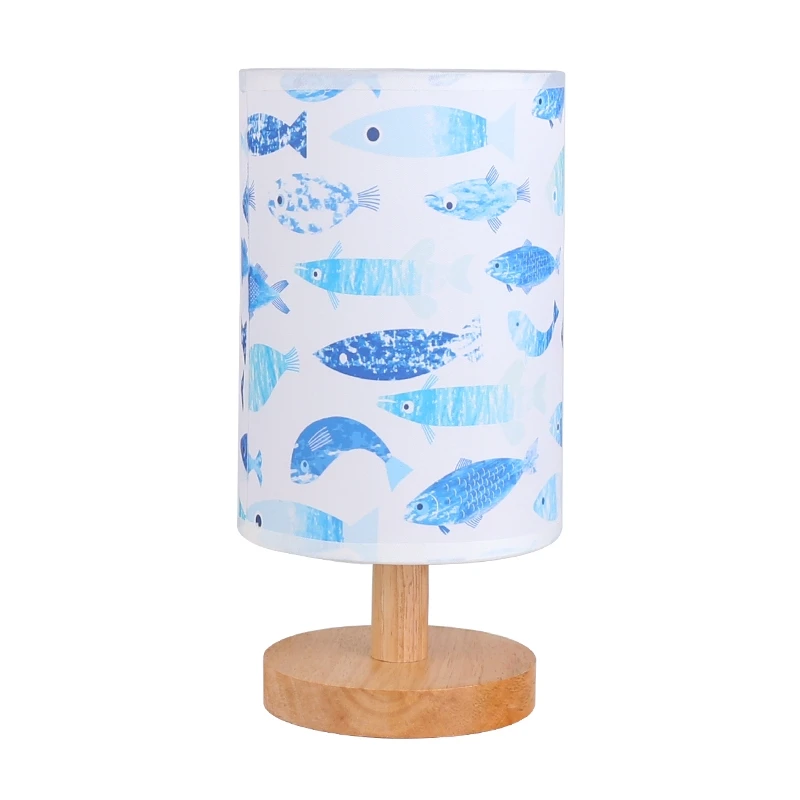 BLUBBLE дети учатся Ночная настольная лампа цилиндрический ткань дерева для чтения настольная лампа AC 100 v-240 v печать художественная настольная Светодиодная лампа - Цвет абажура: fish