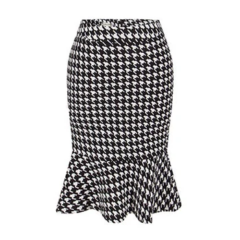 

Elegant Lady Pencil Skirt Women Mermaid Skirt Floral Plaid Print High Waist Slim Bodycon Ruffled Skirt female knee-length skirts