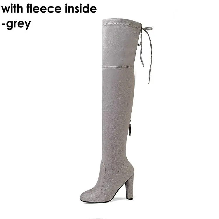 ZawsThia/ г. Эластичные пикантные Женские Сапоги выше колена на высоком каблуке Женская обувь ботфорты, размер 34-43 - Цвет: light grey-fleece
