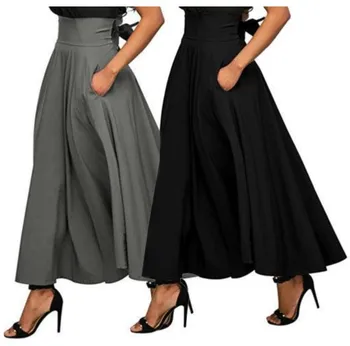 

2019 High Waist Pleated A Line Skirts Women Vintage Pocket Ladies Maxi Skirt Solid Harajuku Midi Skirt