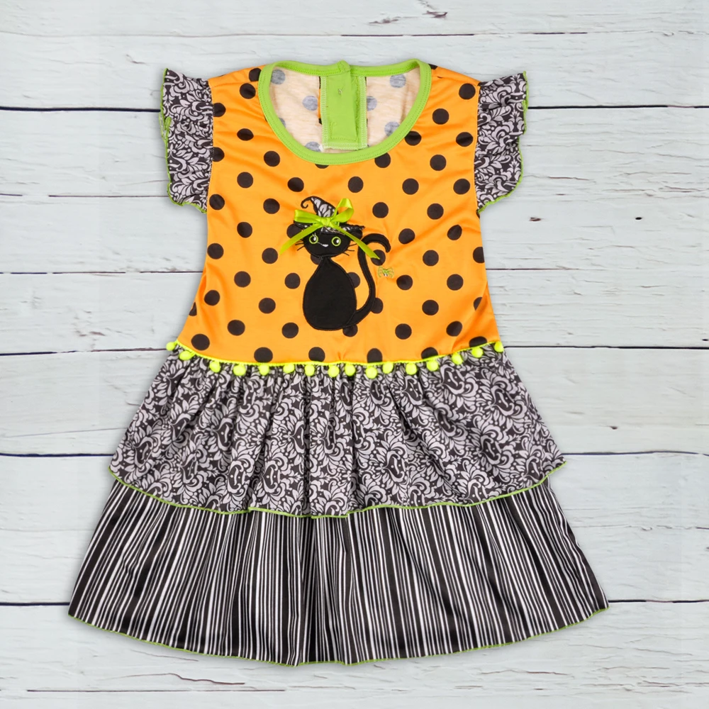

New Arrival Girls Dress Black Cat Embroidery Pattern Girls Dresses For Halloween Holiday Boutique Clothing LYQ808-235
