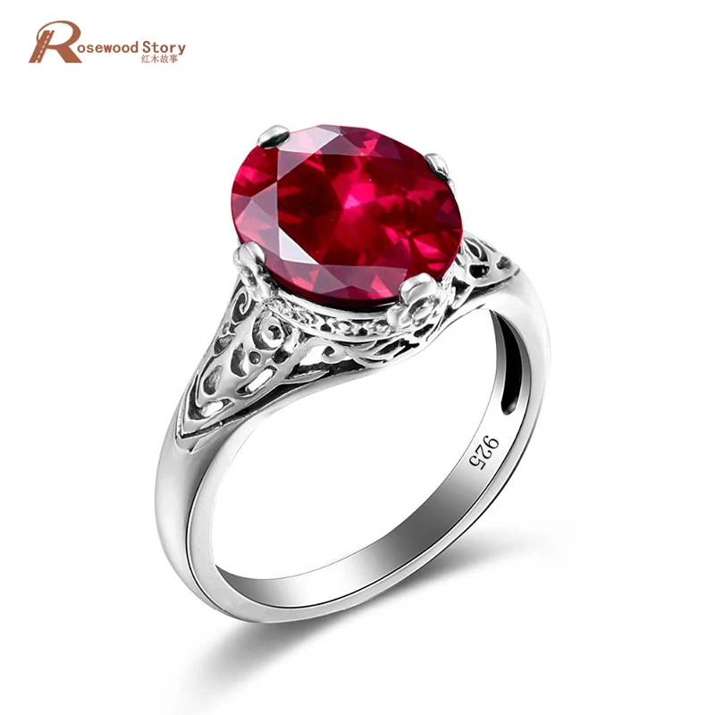 

Created Ruby Stone Rose Ring Pattern Vintage Style 925 Sterling Silver Cocktail Ring Jewelry For Women Wedding Party Couple Ring