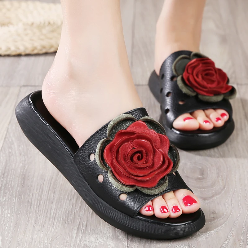 

Designer Genuine Leather Women Summer Slippers 2017 Vintage Style Handmade Flowers Open Toe Slides Sandals Plus Size