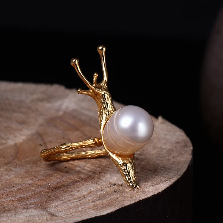 golden Snail pearl open ring 100% 925 Sterling silver Jewelry Genuine Vintage Adjustable rings for women gift free size