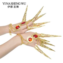 Золотые длинные ногти аксессуары для танца живота красный драгоценный камень для ногтей женский танец живота реквизит для девочек Египетский индийский танец длинные ногти 1 пара