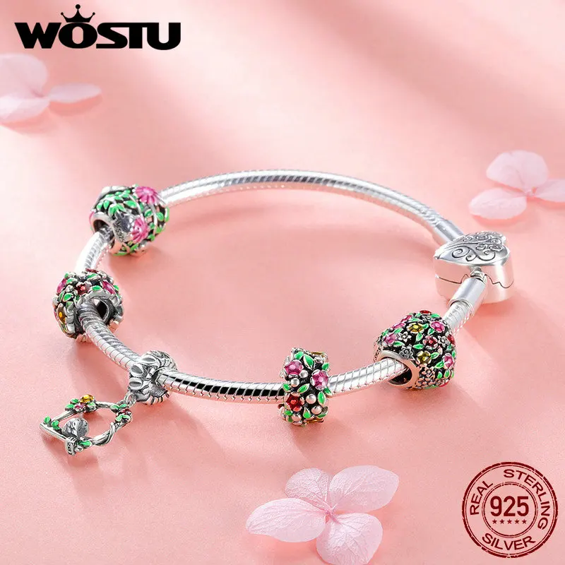 WOSTU Venta de plata de ley 925 de primavera flores hojas y pájaro pulsera del encanto para las mujeres de la marca de moda de regalo de la joyería de CQB804 - 6