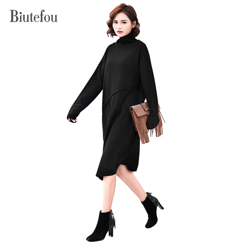 2017 Solid color turtleneck autumn and winter straight dresses women casual new arrival knitted large size