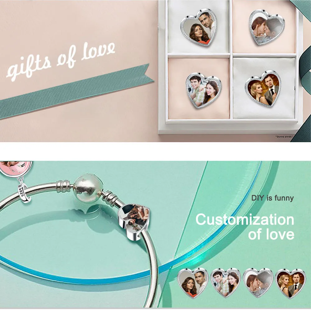 ELESHE DIY Personalized Jewelry 925 Sterling Silver Paw Print Heart Charms Custom Photo Beads Fit Original Pandora Bracelet