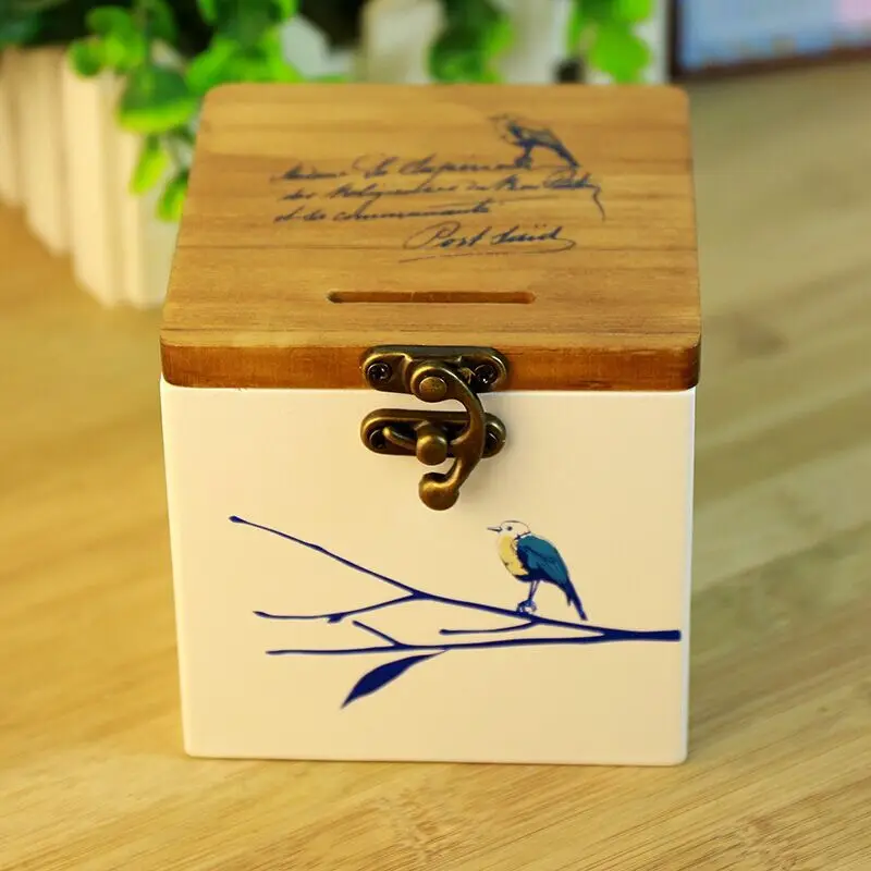 

1 piece Bluebird Wooden Money boxes Piggy Bank Retro Wood Storage Box with a Hole para kutusu 10CMX10CMX10CM