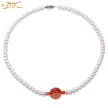 

JYX 2019 Elegant big bead 6-6.5mm Flatly Round White Cultured Freshwater Pearl Necklace with faced red agate 17" for Women