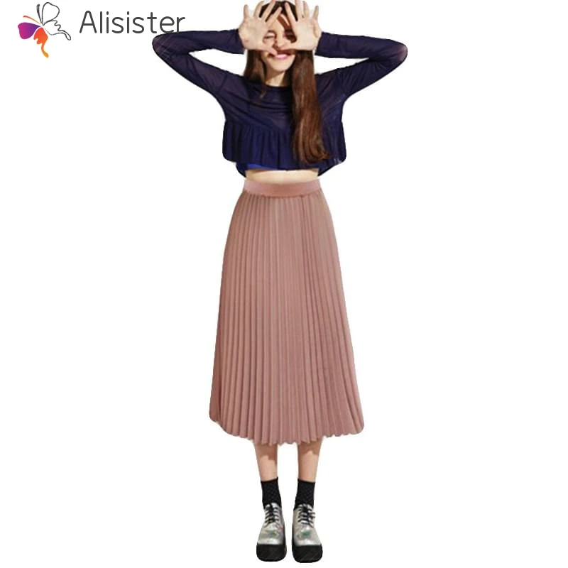 Осенняя Женская плиссированная шифоновая юбка винтажная однотонная макси юбка эластичная талия Повседневная юбка Jupe Femme модная Saia Midi