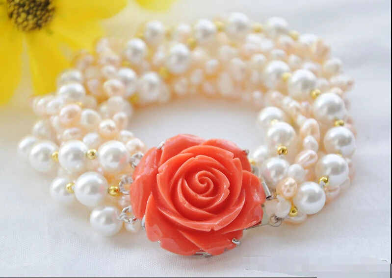 

FREE SHIPPING ******z6156 7strands 8mm round baroque white pink freshwater pearl bracelet