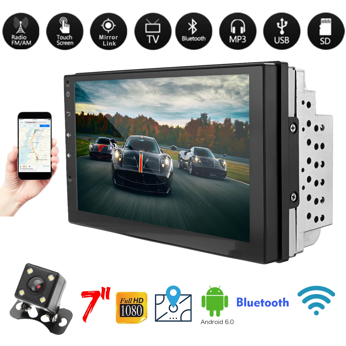 

7" 2 Din Android 6.0 Car Radio Universal GPS Navigation Bluetooth WiFi 1024*720 Autoradio Stereo FM Audio Camera Car DVD Player