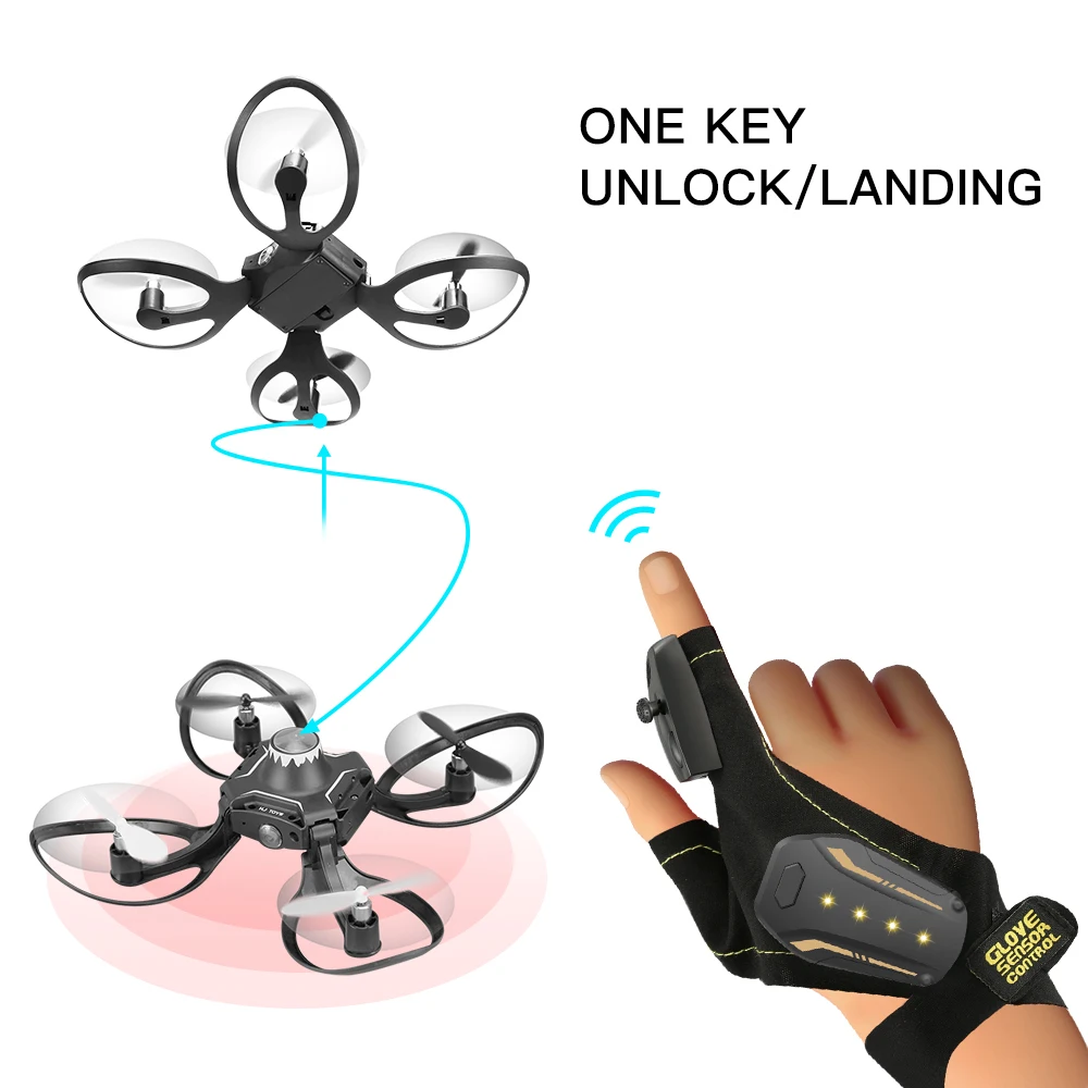 

2.4G Glove Control Gesture Sensing Mini Drone Foldable Arm RC Helicopter Aircraft One Key Return Gesture Roll Drone for Beginner