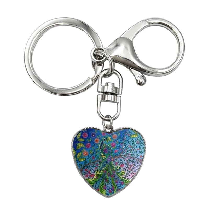 

Cute Peacock Feather Keychain Locket Pendant Heart Glass Dome Key Chain Peafowl Key Ring Bird Statement Animal Jewelry Gifts
