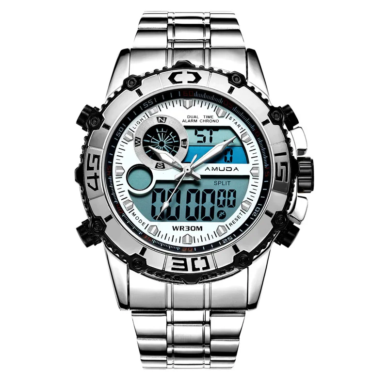 Мужские спортивные часы, цифровые кварцевые Многофункциональные мужские часы из нержавеющей стали, Брендовые мужские наручные часы AMUDA, водонепроницаемые мужские часы