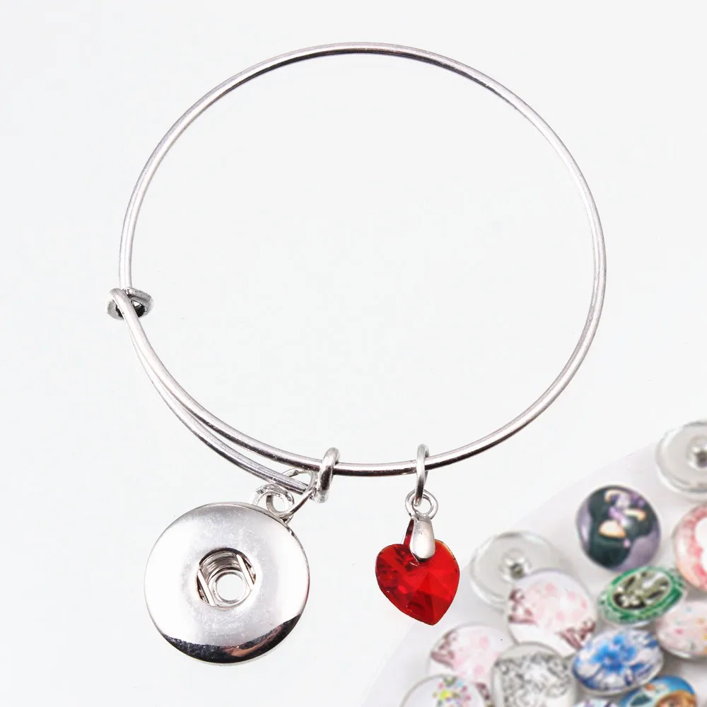 Free 5pcs Snap Button As Gift Red Pink Blue Heart Rhinestone Charm Silver Adjustable Expandable Wire Bracelet Bangle | Украшения и
