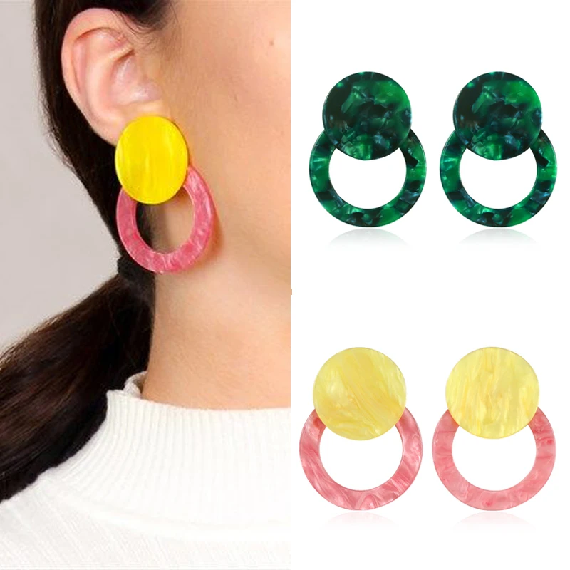 

Marbled Acrylic Earrings Pink Green White Color Openwork Disc Bohemian Pendant Stud Earrings Women Fashion Jewelry Accessories