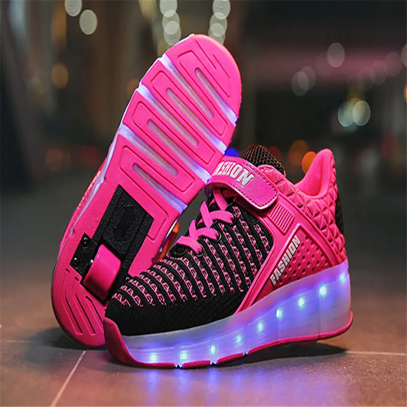 Adult Kids Shoes heelies LED Flashing Dounle Wheels Roller Skate Shoes Flash Roller Skating Shoes Colorful Glowing Roller Skates - Цвет: single pink