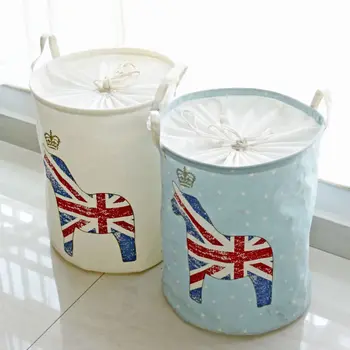 

Cotton Linen Blue Union Jack Horse With Handle Crown Linen Zakka Vintage Storage Laundry Basket Fold Bin 35x45cm