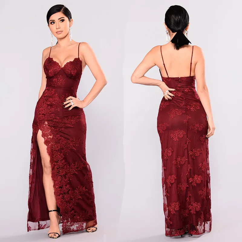 

Spaghetti Straps Burgundy Long Evening Dresses with Appliques Formal Occasion Dresses with Slit