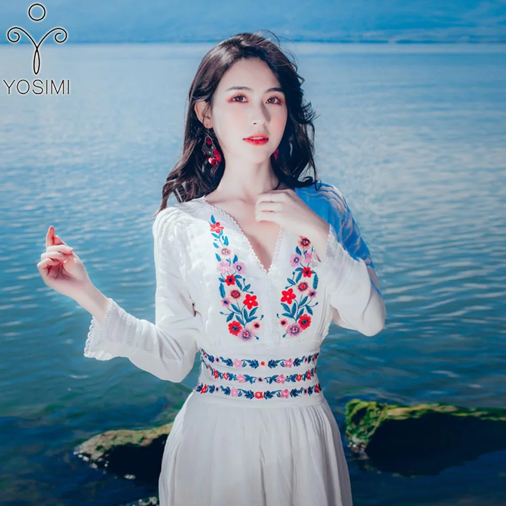 

YOSIMI 2019 Spring Summer Maxi Vintage Long Women Dress Embroidery Long Sleeve V-neck Midi Fairy Female Vestidos Red White Dress