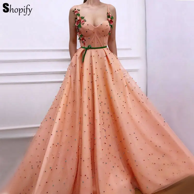 

Long Evening Dress 2020 Real Sample Spaghetti Strap Plearls Embroidery Flowers Women Arbaic Style Formal Evening Gowns