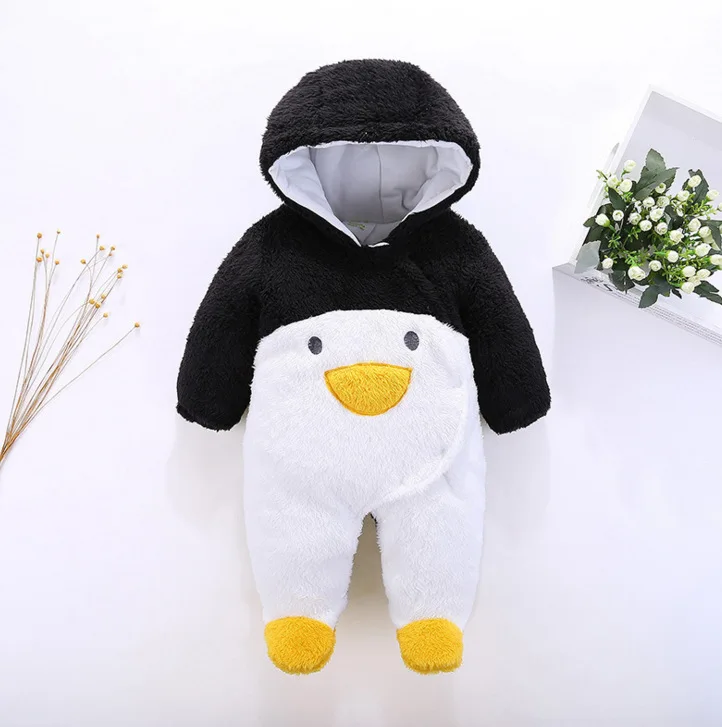 Милый комбинезон с капюшоном с пингвином; флисовый зимний теплый детский костюм; одежда с длинными рукавами для маленьких мальчиков и девочек; комбинезон для новорожденных