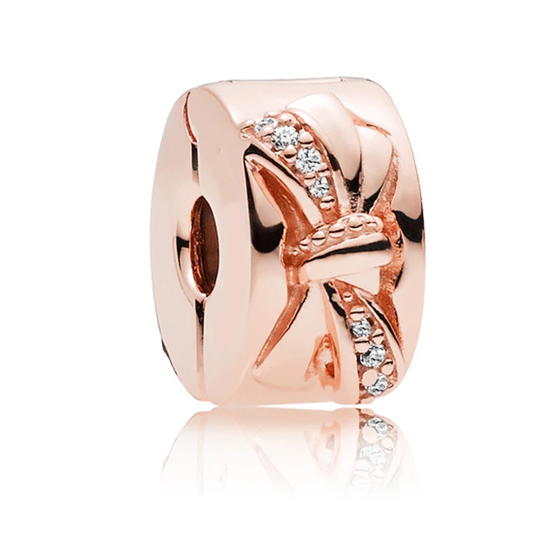 

2019 New 925 Sterling Silver Bead Rose Brilliant Bow Clip Charm Fit Original Pandora Bracelet for Women DIY Europe Jewelry Gift