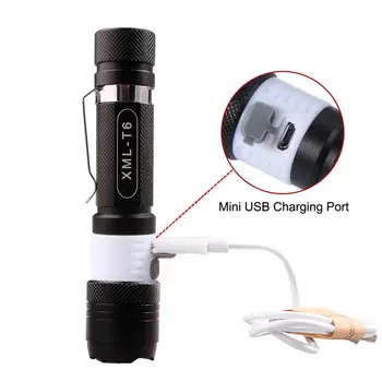 

Mini USB Port 2 LED Flashlight Zoom Waterproof 3800 Lm 18650 Battery Torch 6 Modes + USB Cable For Outdoor Camping