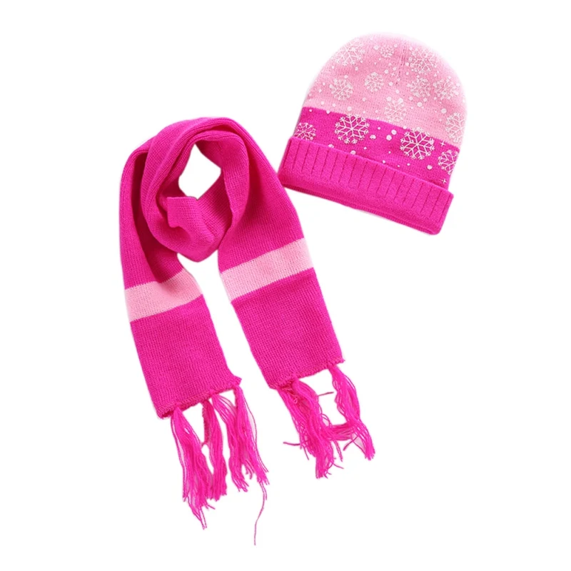 ROPALIA Two-Piece Set Christmas Children Snow Printed Beanie Hat Striped Scarf Neck Wraps Girl Boy Holiday Headwear Accessories