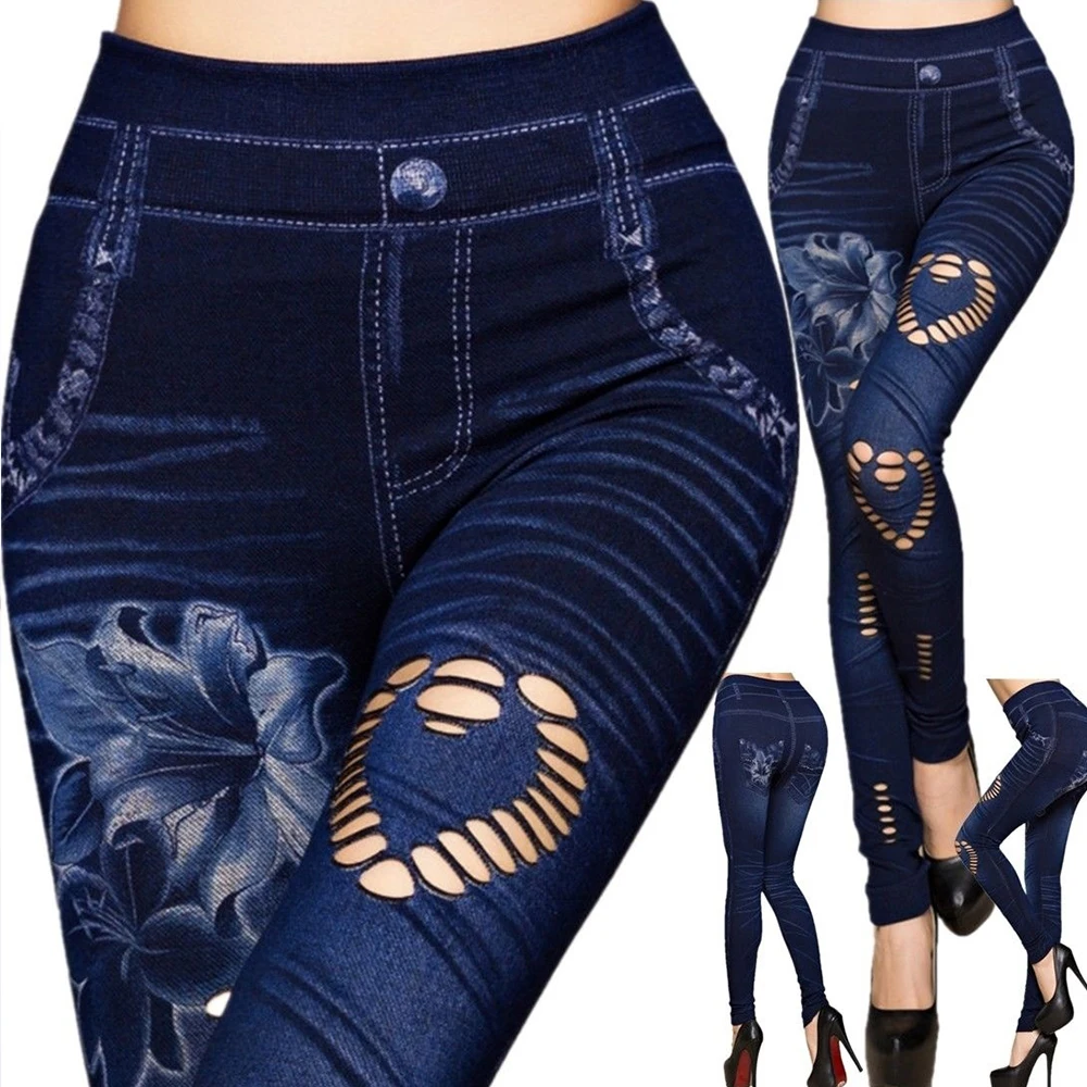Модные узкие леггинсы из имитации денима, Женские повседневные эластичные джинсы с принтом, летние эластичные штаны с дырками