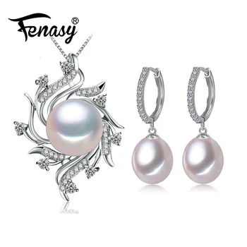 

FENASY Pearl Jewelry Sets Bohemian 925 sterling silver Pearl Pendant Necklace Earrings For Women Emerald natural ethnic earrings