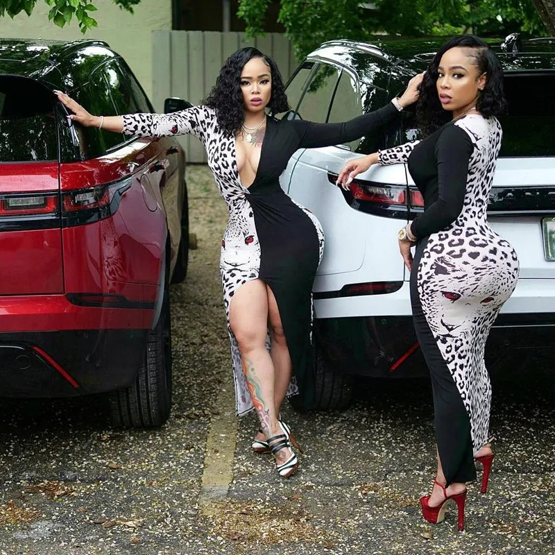 

2019 Sexy Deep V-Neck Leopard Print Dress Women Long Sleeve Bodycon Maxi Dress Club Patchwork Split Dresses