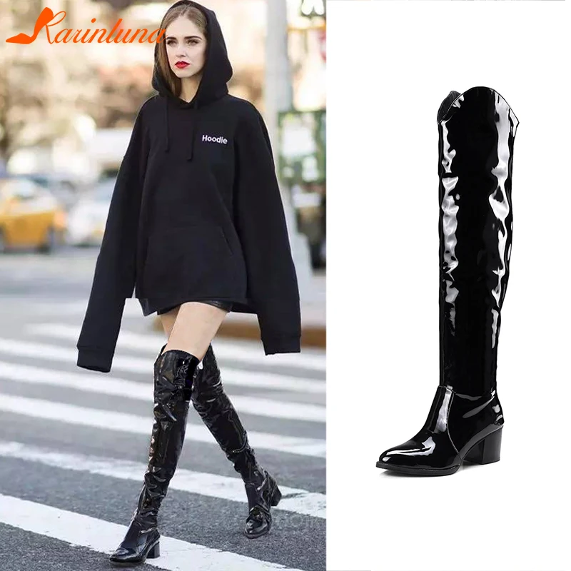 

KARINLUNA Plus Size 32-48 Brand Western Knight Boots Ladies Patent PU Knee High Boots Women 2019 Winter High Heels Shoes Woman
