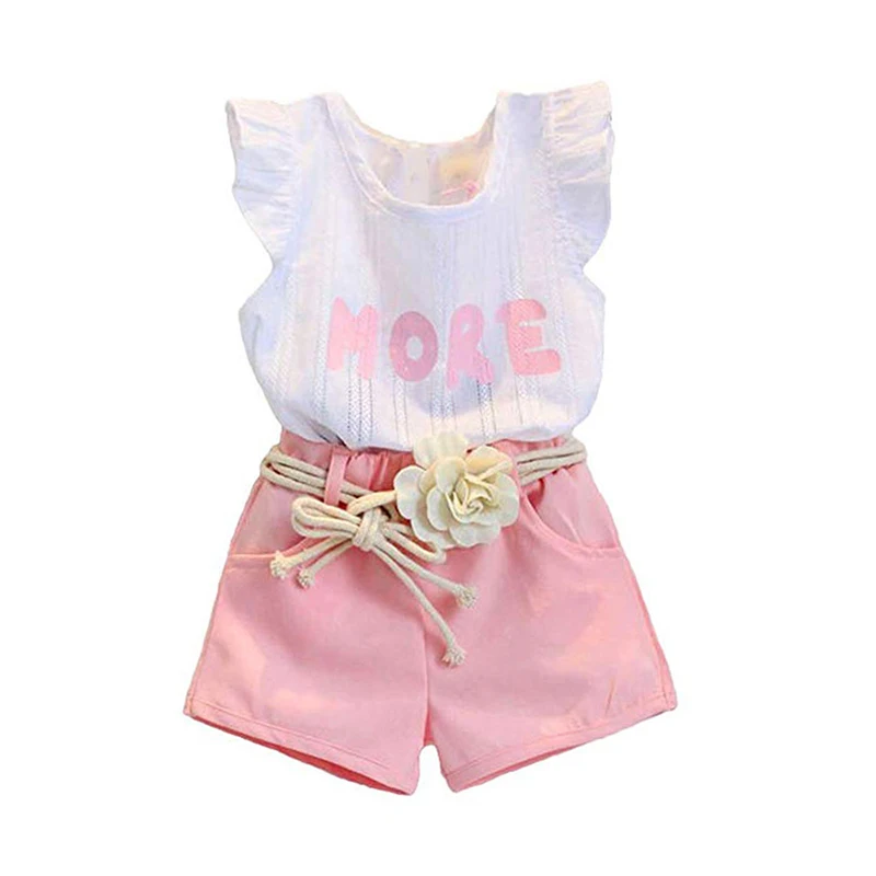 

Baby Girls Clothes Fashion Flare Sleeve Letter Fashion Summer Print T-shirt Dress Tops+Shorts Suits Costume Set